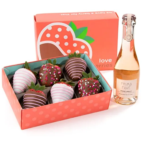 A Gift Inside 6 Chocolatey Covered Love Berries Strawberries with Sparkling Alcohol-Free Rose Brut