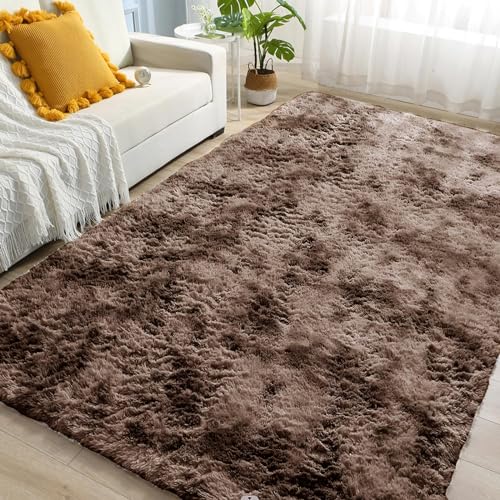 ROCYJULIN Area Rugs 8x10 for Living Room, Fluffy 8x10 Area Rugs for Bedroom, Ultra Soft Non-Slip Large Shag Fuzzy Rug for Nursery, Kids, Girls, Boys, Brown Tie-Dye - 8'x10' - Brown