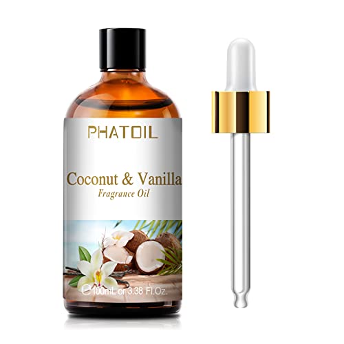PHATOIL 3.38FL.OZ Coconut & Vanilla Fragrance Oils for Aromatherapy, Essential Oils for Diffusers for Home, Perfect for Diffuser, Yoga, DIY Candle and Soap Making - 100ml - Coconut & Vanilla