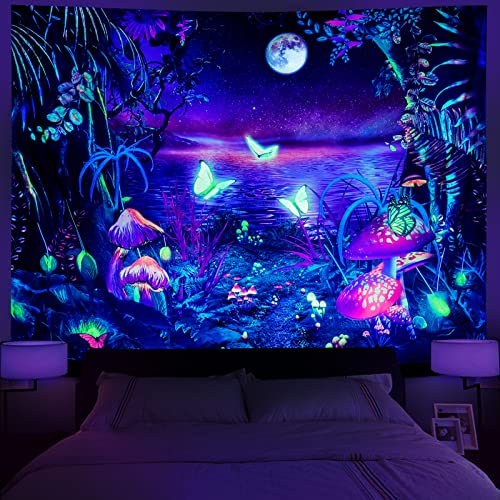 Serborlur Blacklight Fantasy Forest Tapestry Aesthetic Moon Tapestry UV Reactive Butterfly Tapestries Galaxy Space Tapestry Wall Hanging for Bedroom Living Room (51.2 × 59.1 inches) - Fantasy Mushroom - 51.2" × 59.1"