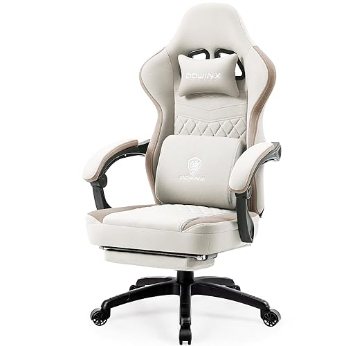 Dowinx Gaming Chair Breathable Fabric Computer Chair with Pocket Spring Cushion, Comfortable Office Chair with Gel Pad and Storage Bag,Massage Game Chair with Footrest,Beige - Beige