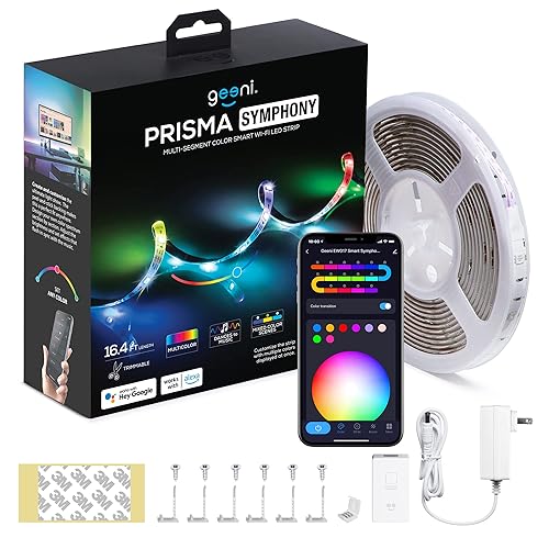 Geeni Prisma Symphony Smart LED Strip Lights, RGBIC Neon Color Changing WiFi Lights with App Remote Control and Music Sync, Compatible with Alexa and Google Home, 16.4 ft