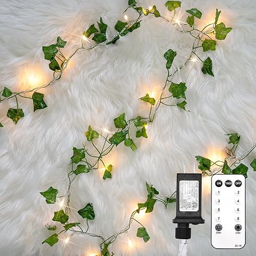 suddus Vine with Fairy Lights Plug in, 33ft 100 LED Ivy String Lights Connectable with Remote, Leaf Lights for Bedroom, Room, Wall, Garden, Party, Wedding Decor (Warm White) - 100 LED-Clear Wire Plug-in - IVY-33ft