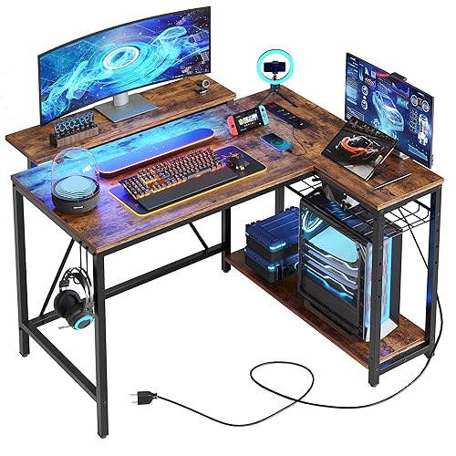Bestier Small L Shaped Desk with Charging Port & LED Strip,Modern Computer Desk with Reversible Storage Shelves,Corner Desk with Hooks for Bedroom Office Studio Workstation,Rustic Brown - 42 inch - Rustic Brown