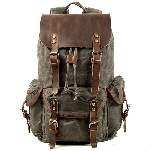 WUDON Leather Backpack for Men, Waxed Canvas Shoulder Rucksack Carry-On Travel Backpack - Grey-oversize