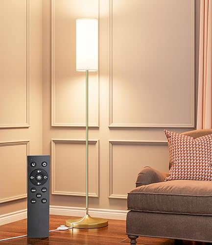 luckystyle LED Floor Lamp for Living Room, Dimmable Standing Lamps with Foot Switch,Remote Custom Color Temperature Gold Pole Lamp with Lampshade,12W Led Bulb Tall Lamps for Bedroom Office Kid Room - Gold