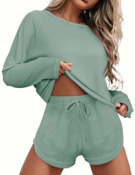 Ekouaer Womens Waffle Knit Pajama Sets Long Sleeve Top and Shorts Matching  Lounge Set Loungewear Sweatsuit with Pockets