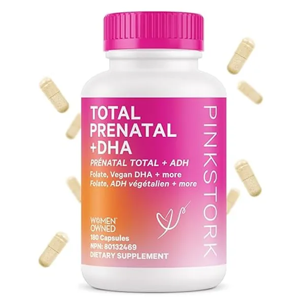 Pink Stork Total Prenatal Vitamin with DHA and Folic Acid: Vitamins with Folate, Iron, Biotin, Vitamin D, Vitamin C + Zinc, Fertility Supplements for Women, Women-Owned, 180 Vegetarian Capsules - 180 count (Pack of 1)