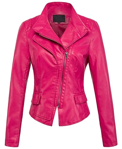 chouyatou Women's Stylish Oblique Zip Slim Faux Leather Biker Outerwear Jacket - X-Large - Rose