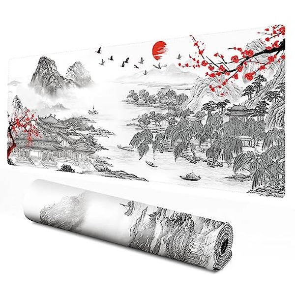 DKFVUA Japanese Cherry Blossom Large Mouse Pad, Desk Mat with Non-Slip Rubber Base Waterproof Keyboard Gaming Mousepad Large Desk Pad for Computers (31.3x11.8 inches)(Retro Woods)