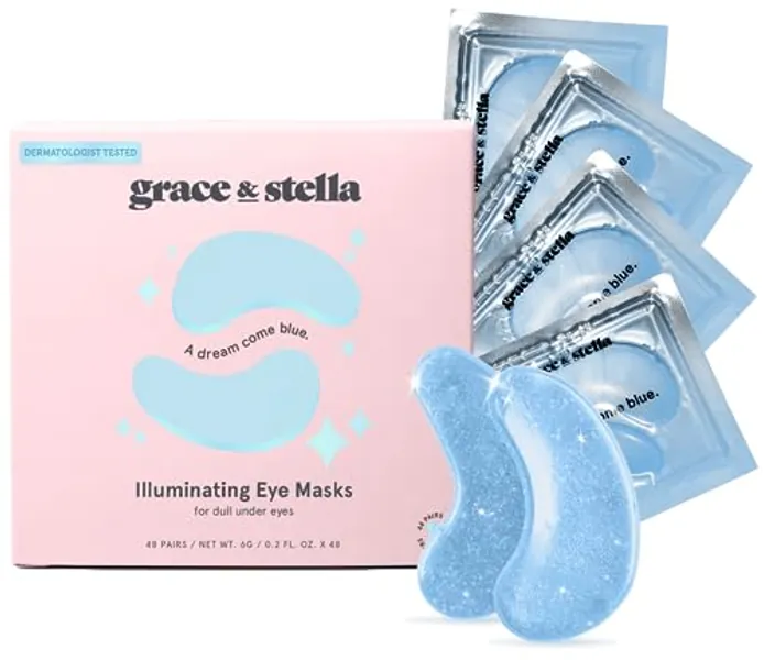 grace & stella Award Winning Under Eye Mask (Blue, 48 Pairs) Reduce Dark Circles, Puffy Eyes, Undereye Bags, Wrinkles - Gel Under Eye Patches - Gifts for Sister - Vegan Cruelty-Free Self Care