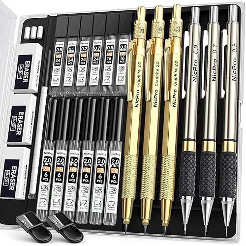 Nicpro Gold Art Mechanical Pencil Set, Metal Drafting Pencil 0.5, 0.7, 0.9mm & 2mm Lead Holder(2B HB 2H) For Sketching Drawing With Lead Refills Case - Gold