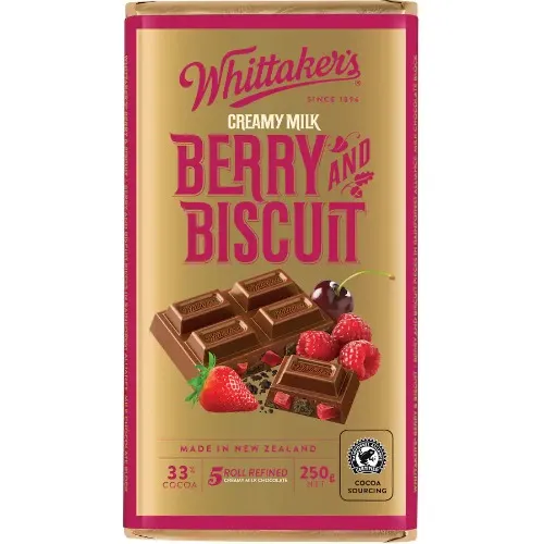 Whittaker's Berry And Biscuit 33% Cocoa Milk Chocolate Block 250g
