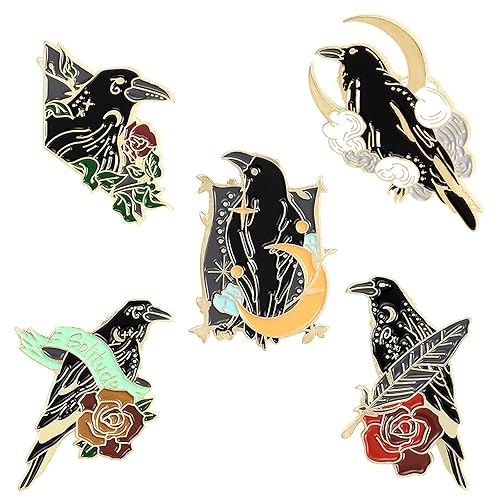 Black Crow Enamel Pins Set Art Rose Moon Lapel Pin Cute Aesthetic Badges for Children Women Backpack Shirt Denim Bag, enamel, enamel