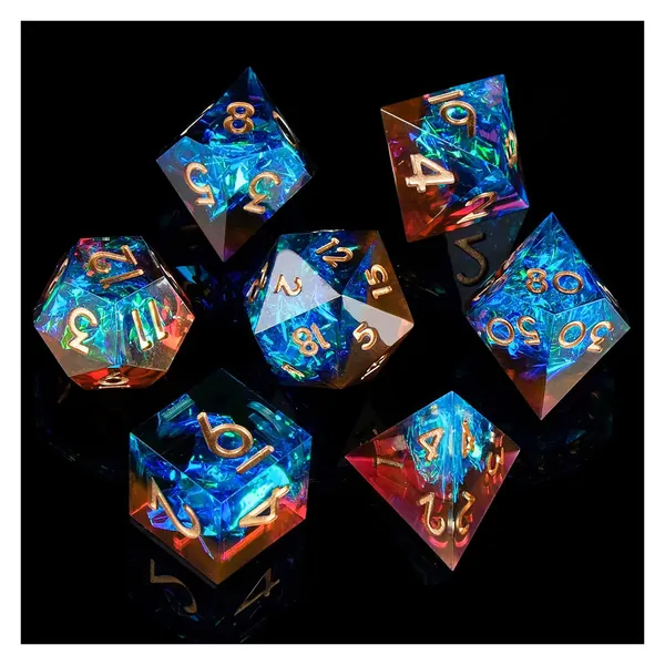 DND Resin Dice Set PCCECQEE Sharp Edged Polyhedral DND Dice 7PCS Beautiful Inclusions Dice Set for D&D Dice Dungeons and Dragons Role Playing Games (Red&Blue)