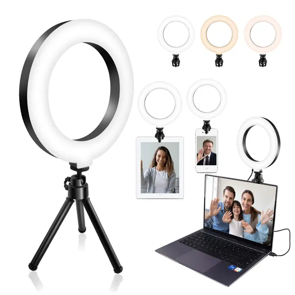 Ring Light for Computer Laptop, 6” LED Ring Light with Clip and Tripod, 3 Light Modes Video Conference Lighting Kit for Webcam Light, Zoom Light, Desk Ring Light, for Live Streaming, Video Recording