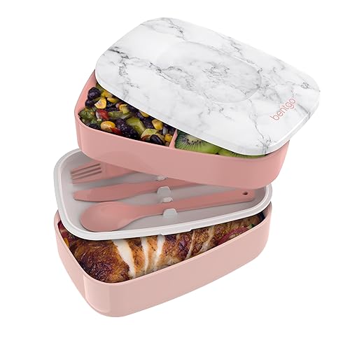 Bentgo Classic - Adult Bento Box, All-in-One Stackable Lunch Box Container with 3 Compartments, Plastic Utensils, and Nylon Sealing Strap, BPA Free Food Container (Blush Marble) - Blush Marble