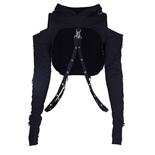 TOMETO STAR Women Gothic Punk Hoodies Bandage Crop Tops Long Sleeve Pullover Sweatshirt for Rave Festivals Streetwear - Small - Black 3