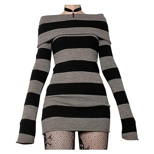Women Striped Long Sleeve Pullover Shirts Round Neck Slim Fit Sweatshirt Basic Bottoming Tee Knitwear Jumper Streetwear - 1c Black Grey - Medium