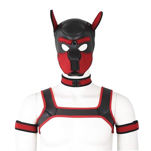 Adults Neoprene Puppy Hood Custom Animal HeadMask Novelty Costume Dog Hood Mask,Collar,Armband andHarness Set (Red) - Red