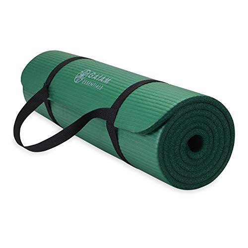 Gaiam Essentials Thick Yoga Mat Fitness & Exercise Mat with Easy-Cinch Yoga Mat Carrier Strap, 72"L x 24"W x 2/5 Inch Thick - Green