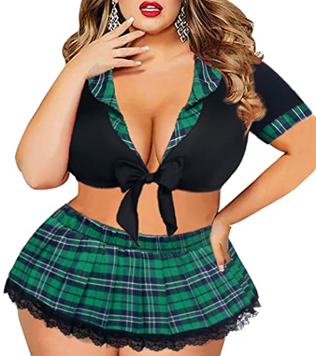 Avidlove Sexy Lingerie for Women Plus Size School Girl Lingerie Role Playing Outfit with Tie Top and Mini Pleated Skirt - Green - 18 Plus