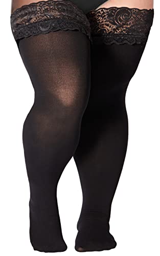 Moon Wood Plus Size Thigh High Stockings Womens 55D Semi Sheer Silicone Lace Top Stay Up Lingerie Thigh Highs Pantyhose - Black