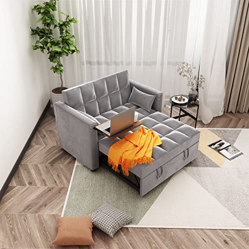 Convertible Sofa Bed, 3-in-1 Multi-Functional Velvet Sleeper Couch Pull-Out Bed, 48'' Loveseat Chaise Lounge with Adjustable Backrest and Pillows, Hidden Side Table for Living Room, Small Space - Grey Vevlet