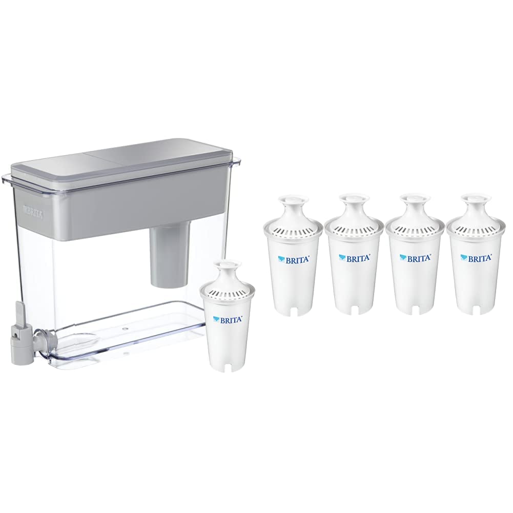 Brita UltraMax Water Filter Dispenser with 1 Replacement Filter, Grey, 1 Cup & 42432 Pitcher Replacement Filters, 4-Pack - Grey Dispenser + Replacement Filters, 4-Pack