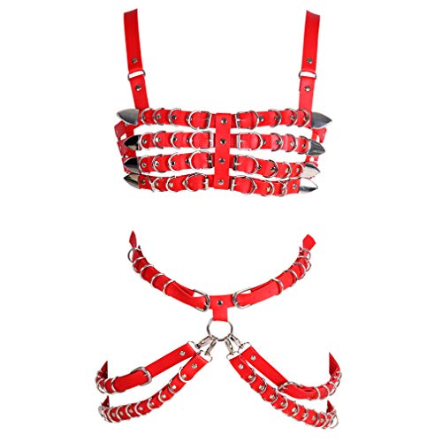 Women's full body harness bra Chest strap Leather Waist belt lingerie cage set Waist belt Punk gothic Dance Photography Rock - Red