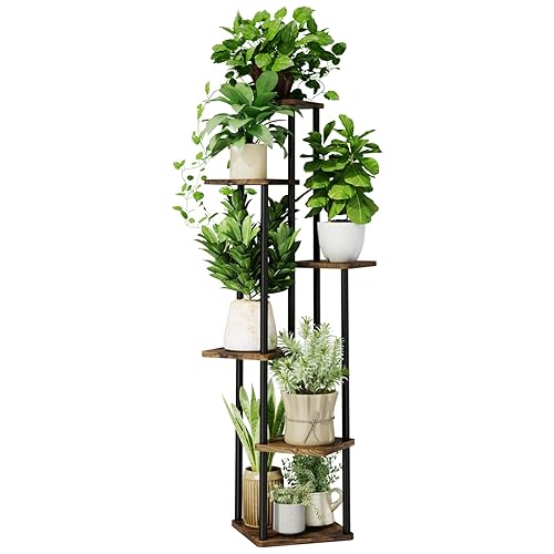 GENTINGBRO 6 Tiered Plant Stand Indoor Corner Plant Shelf for Multiple Plants for Patio Garden Balcony Living Room Bedroom, Tall Metal Flower Pots Stand Relaxing for Women Gift Brown Oak - 6 Tier Brown Oak