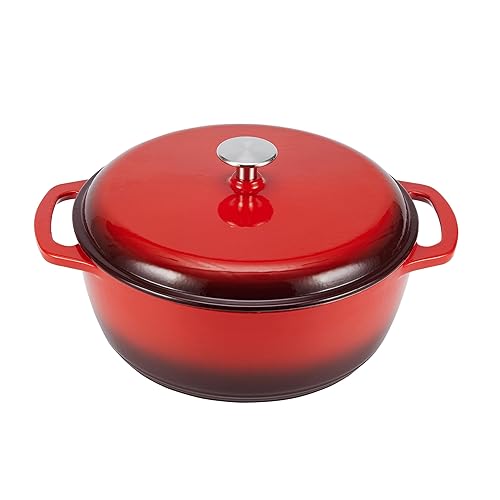 Amazon Basics Cast Iron Dutch Oven Pot with Lid, Enameled, Round, Dual Handles, Heavy-Duty, Large, 7.3-Quart, Red - Red - 7.3-Quart