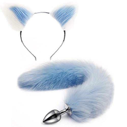 Metal Fox/Dog Tail Plug with Short Plush Ear Cat Headband, Halloween Party Toy Love Role-Playing Gift Clothing Set (1Set, Light Blue) - 1set, Light Blue