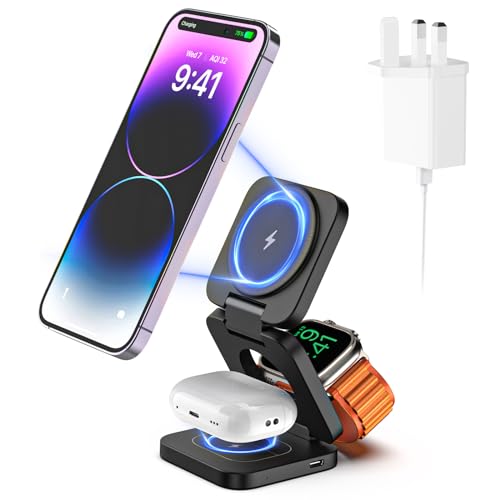 KU XIU 3 in 1 Wireless Charging Station, Foldable Magnetic Charger Stand for iPhone 15/14/13/12/Pro/Pro Max/Plus, 5W Fast Charger for Apple Watch9/8/7/6/5/4/3/2/SE, for Airpods3/2/Pro-Black