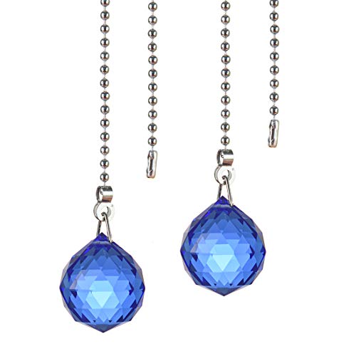 Ceiling Fan Pull Chain, 2pcs 30mm Diameter Prism Ball Extension Chains with Decorative Light Bulb and Fan Cord （Blue - Blue