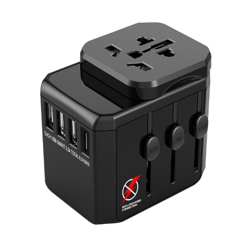 Qauvur Universal Travel Adapter with Grounded Connection, International Power Adapter with High Speed 6.0A 3 USB+1 Type-C, European Adapter, AC Outlet Plugs for UK/EU/AU/US/Asia Travel Essentials