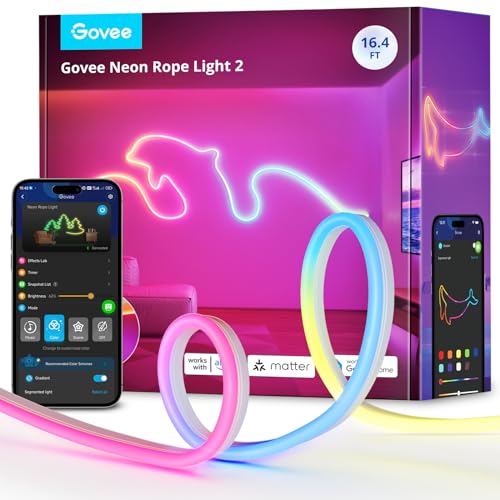 Govee Neon Lights, RGBIC Neon Rope Light 2 Works with Matter, Alexa, Google Assistant, Custom DIY Neon Strip Lights for Bedroom and Wall Decor, Shape Mapping, Softer Material, 16.4ft, White - White - 16.4ft