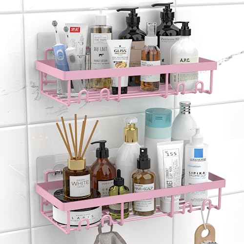 Moforoco Shower Caddy Shelf Organizer Rack, Self Adhesive Pink Bathroom Accessories Shelves Basket, Home Farmhouse Wall Shower Inside Organization and Storage Decor - Pink