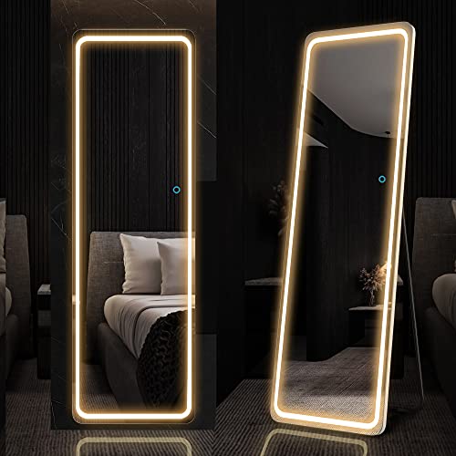 LVSOMT Full Length Mirror with LED Lights, Free Standing Tall Mirror, Lighted Floor Mirror, Wall Mounted Hanging Mirror, Full Body Mirror w/Dimming & 3 Color Lighting for Bedroom (63"x20", White) - Led (White) - 63" x 20"