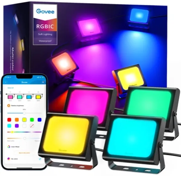 Govee Flood Lights Outdoor, RGBIC Smart WiFi LED Flood Lights, App Control, Color Changing 500lm 2700-6500K LED Stage Lights Works with Alexa, IP66 Waterproof, 28 Scene Modes for Yard, 4 Pack
