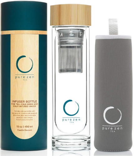 Pure Zen Tea Infuser Bottle - Insulated Glass Tea Bottle for Loose Leaf Tea - Tea Tumbler with Infuser - Portable Travel Tea Mug for Infused Water - Tea Diffuser Thermos on the Go - 15 oz