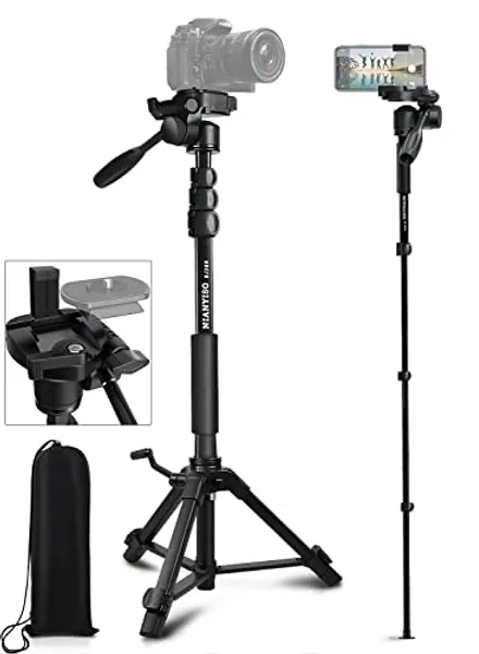 Camera Tripod 69 Inch, Patented 3-Way Swivel Portable Phone Tripod Professional Aluminum Alloy Travel Phone Camera Stand Monopod for Canon Nikon GoPro DSLR, DV Video Camcorder, Smartphone Black