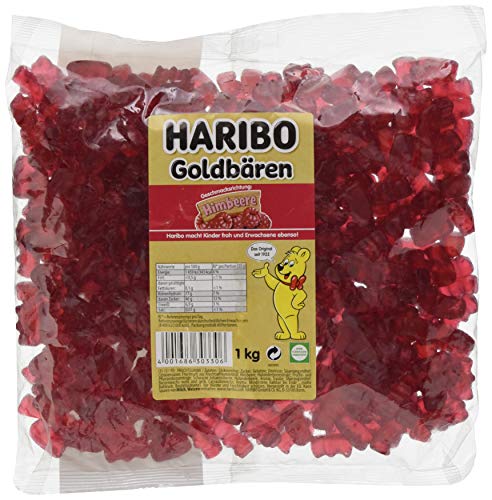 Haribo Goldbären Himbeer (1kg Beutel Gummibärchen dunkel rot) sortenrein - Himbeere - 1 kg (1er Pack)