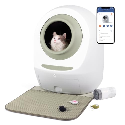 Casa Leo Loo Too Self-Cleaning Litter Box with Anti-Pinch Sensors, Odor Removal, Health Monitoring and Hands-Free App Control for Multiple Cats - Avocado Green Bundle