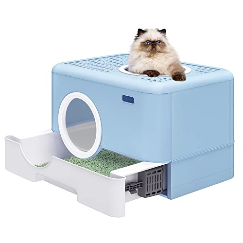 YITAHOME Large Enclosed Cat Litter Box with Lid Cover, Hooded Odorless Anti-Splashing Cat Toilet with Drawer Litter Scoop Front Entry Top Exit Door, Easy to Install and Clean - Blue - Square Design