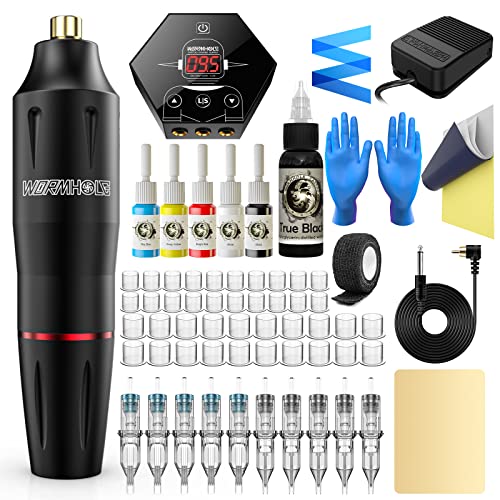 Tattoo Kit Wormhole Tattoo Gun Kit Tattoo Pen Kit Rotary Tattoo Machine Kit with Tattoo Power Supply and Tattoo Cartridge Needles Complete Tattoo Kit for Beginners Tattoo Supplies (WTK091) - Black-1