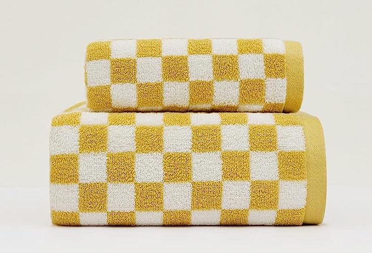 Luxurious Check Plaid Towel Set - 100% Organic Cotton, Ultra Soft, Water Absorbent, 2 Pack (1 Bath Towel 29x55in, 1 Hand Towel 13x29in), White and Yellow (Yellow) - Yellow