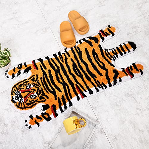 Panstar Tiger Bath Mat for Bathroom, Cute Orange Yellow Tiger Cartoon Bath Mats Non Slip Animal Shaped Absorbent Bathtub Rug Bathroom Plush Shower Rugs - Yellow