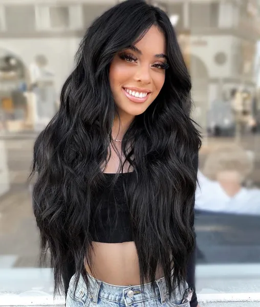 AISI HAIR Long Black Curly Wavy Wigs Middle Part Natural Looking Long Wavy Dark Wig for Women Synthetic Heat Resistant Fiber Wig for Daily Use - Black