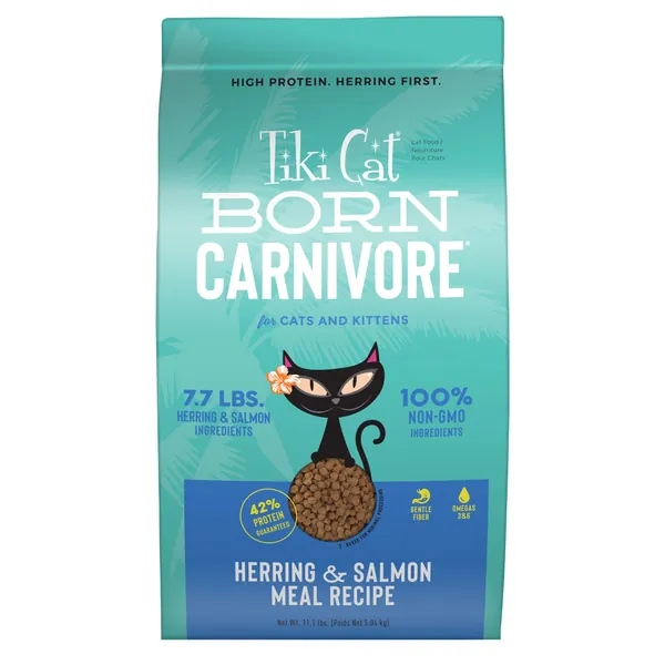 Tiki Cat Born Carnivore Low Carb Grain Free Dry Cat Food - Baked with Real Fish - Herring & Salmon - NEW - Herring & Salmon 11.1 Pound (Pack of 1)